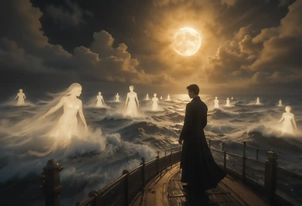 Young poet on a ship deck under an ominous black sun