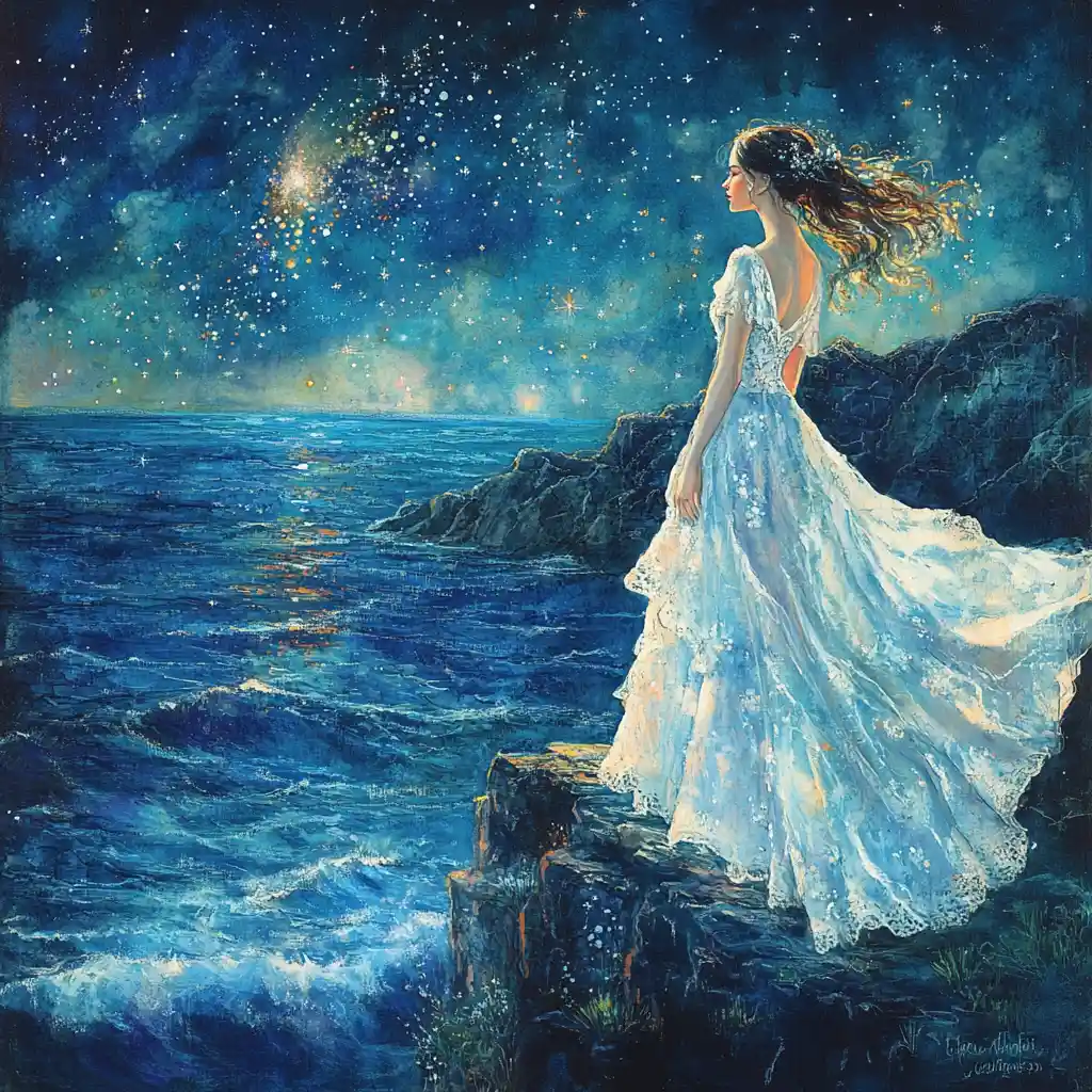 Ethereal woman on a cliffside overlooking the starlit ocean