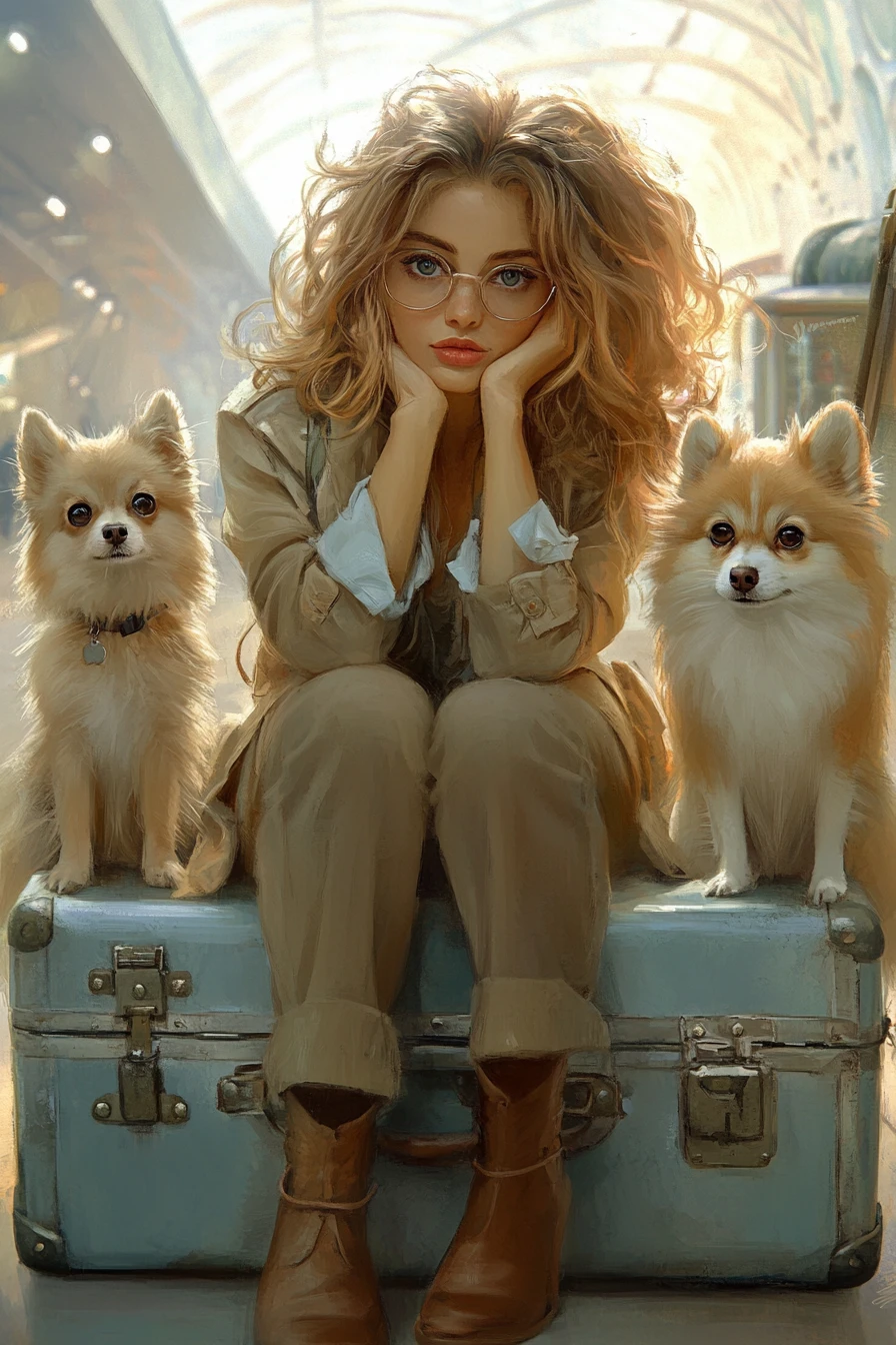 Donna con due cani seduta su valigie vintage