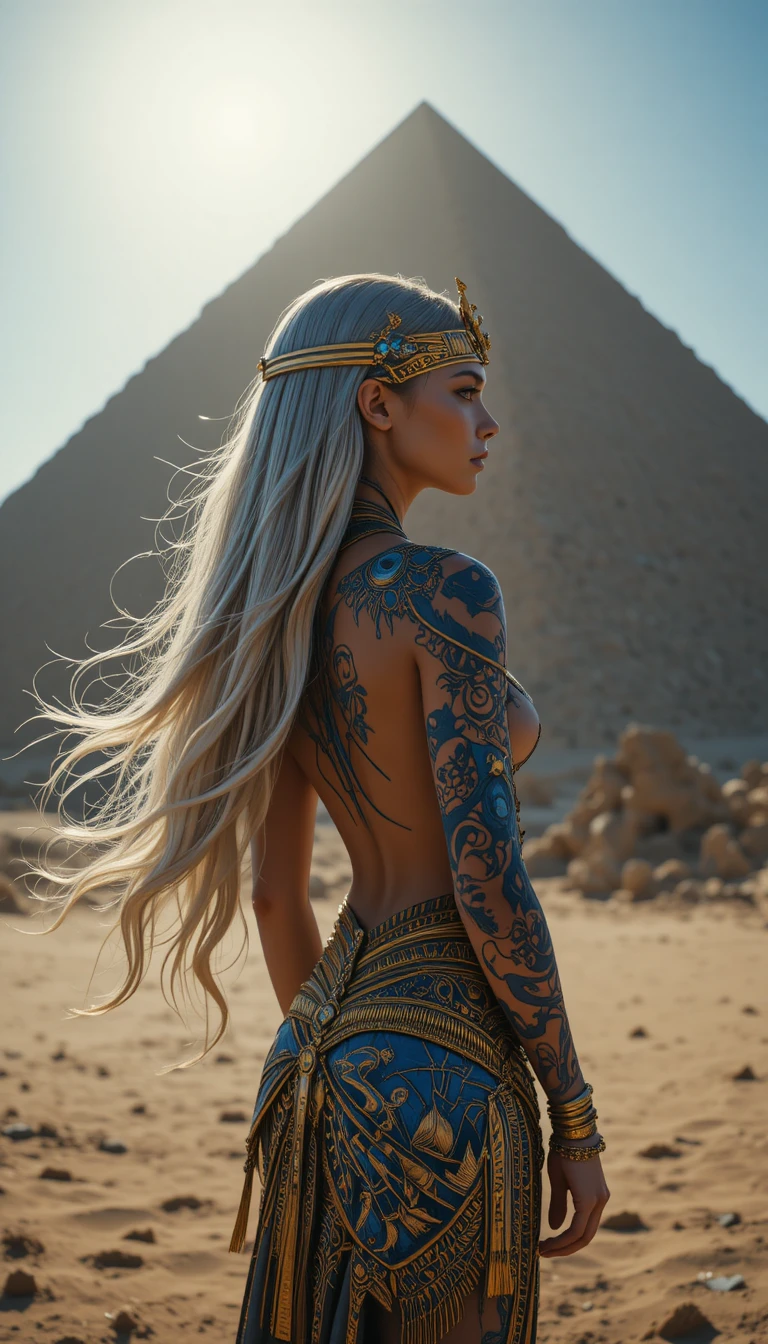 Regina dell’Antico Egitto davanti a una piramide parzialmente dissotterrata