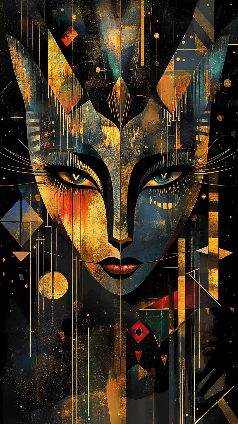 Surreal hybrid visage with feline ears and glowing avian eyes