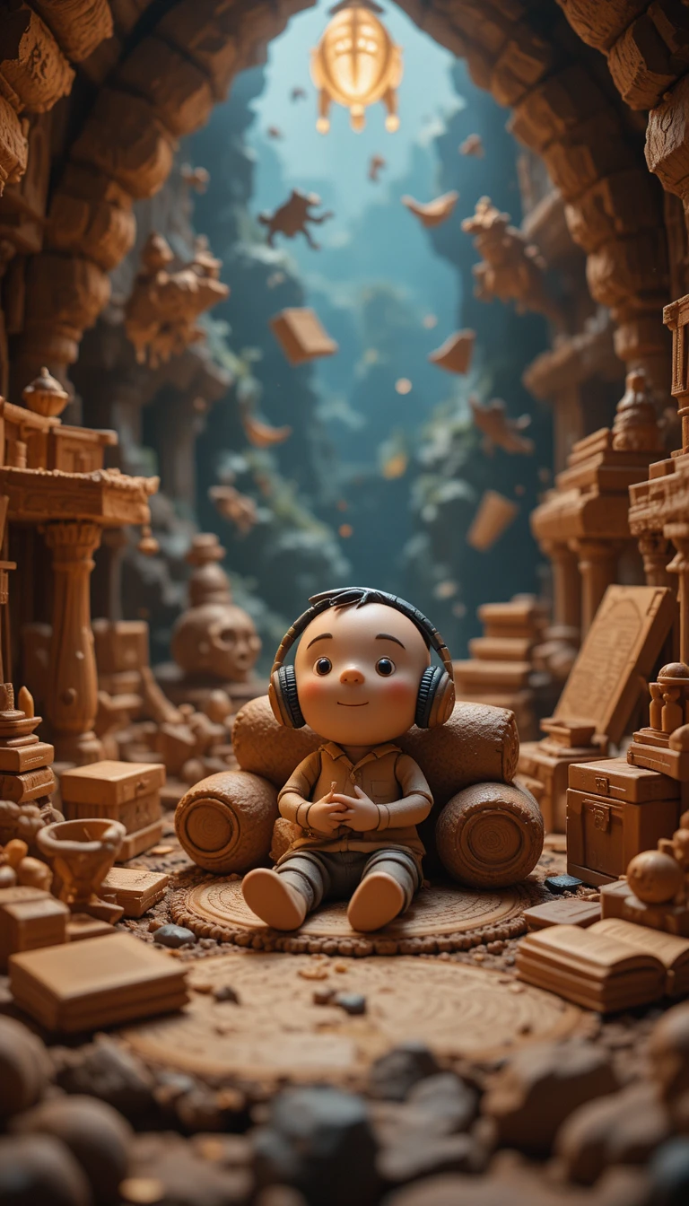 Clay character listening to stories in a magical world