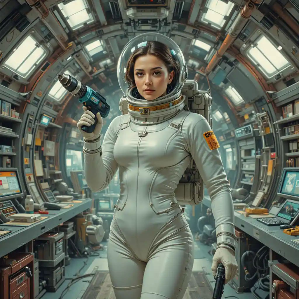 Female astronaut in retro spacesuit floating inside space station