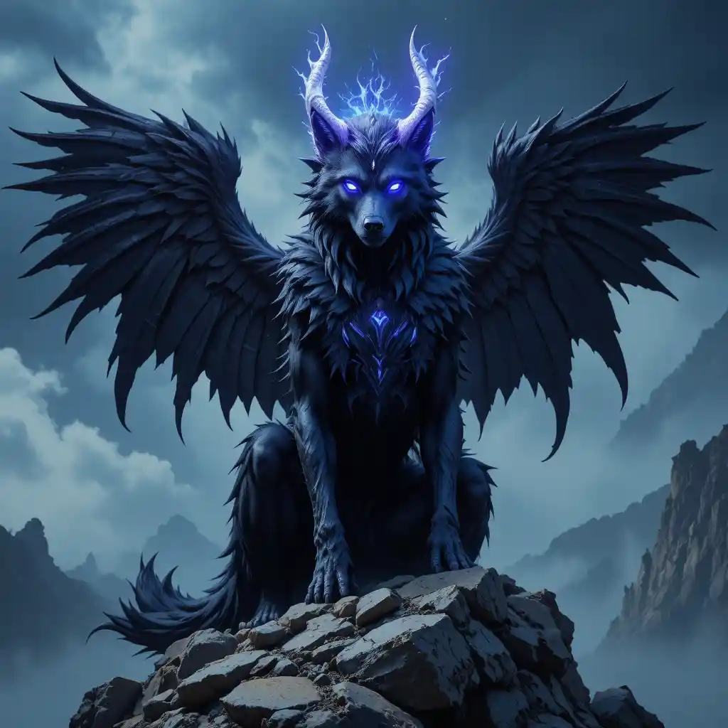 Regal winged wolf with glowing horn on rocky peak