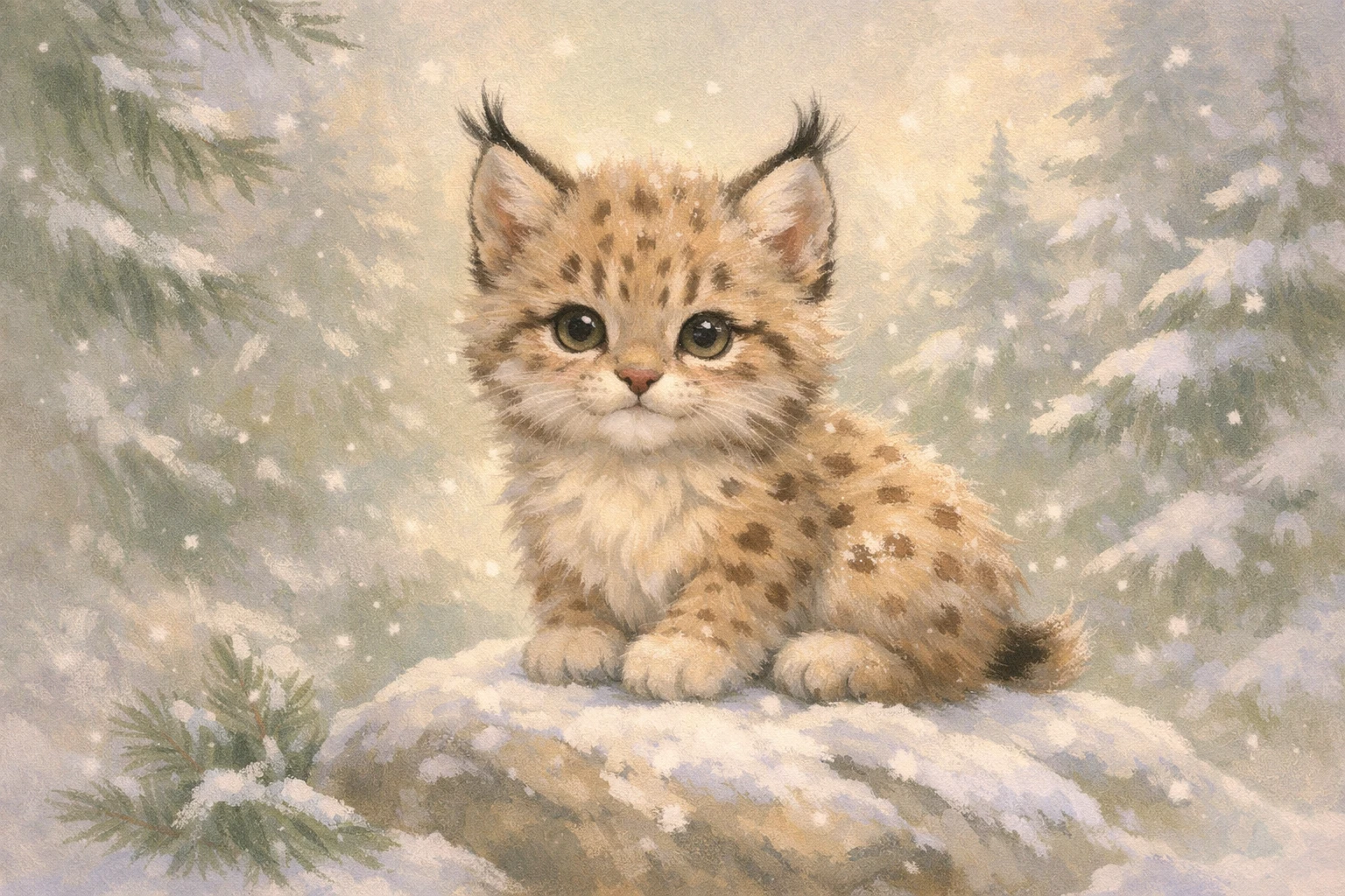 Ilustração de filhote de lince sentado em uma pedra na floresta nevada