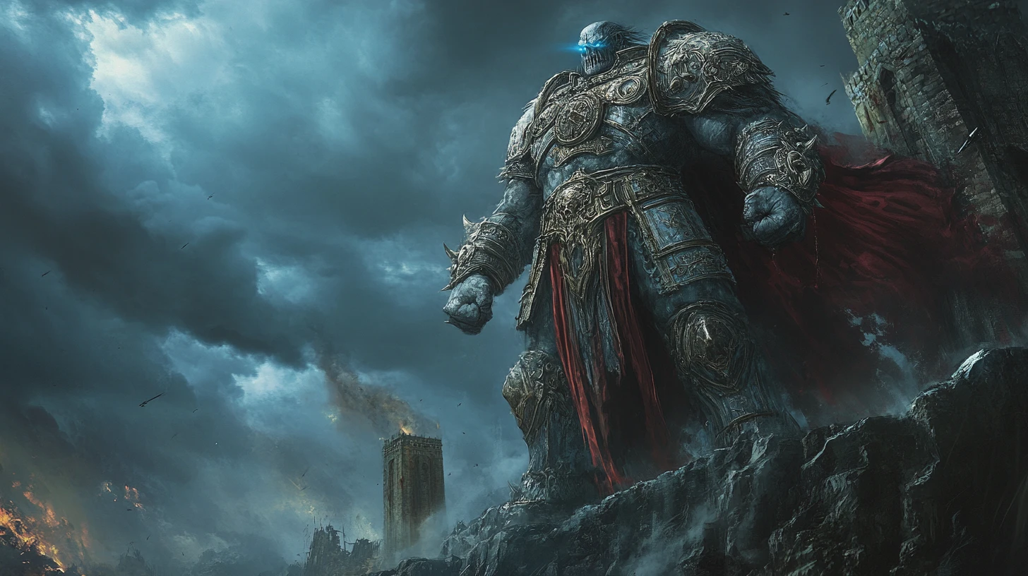 Orc warlord on crumbling citadel above stormy battlefield