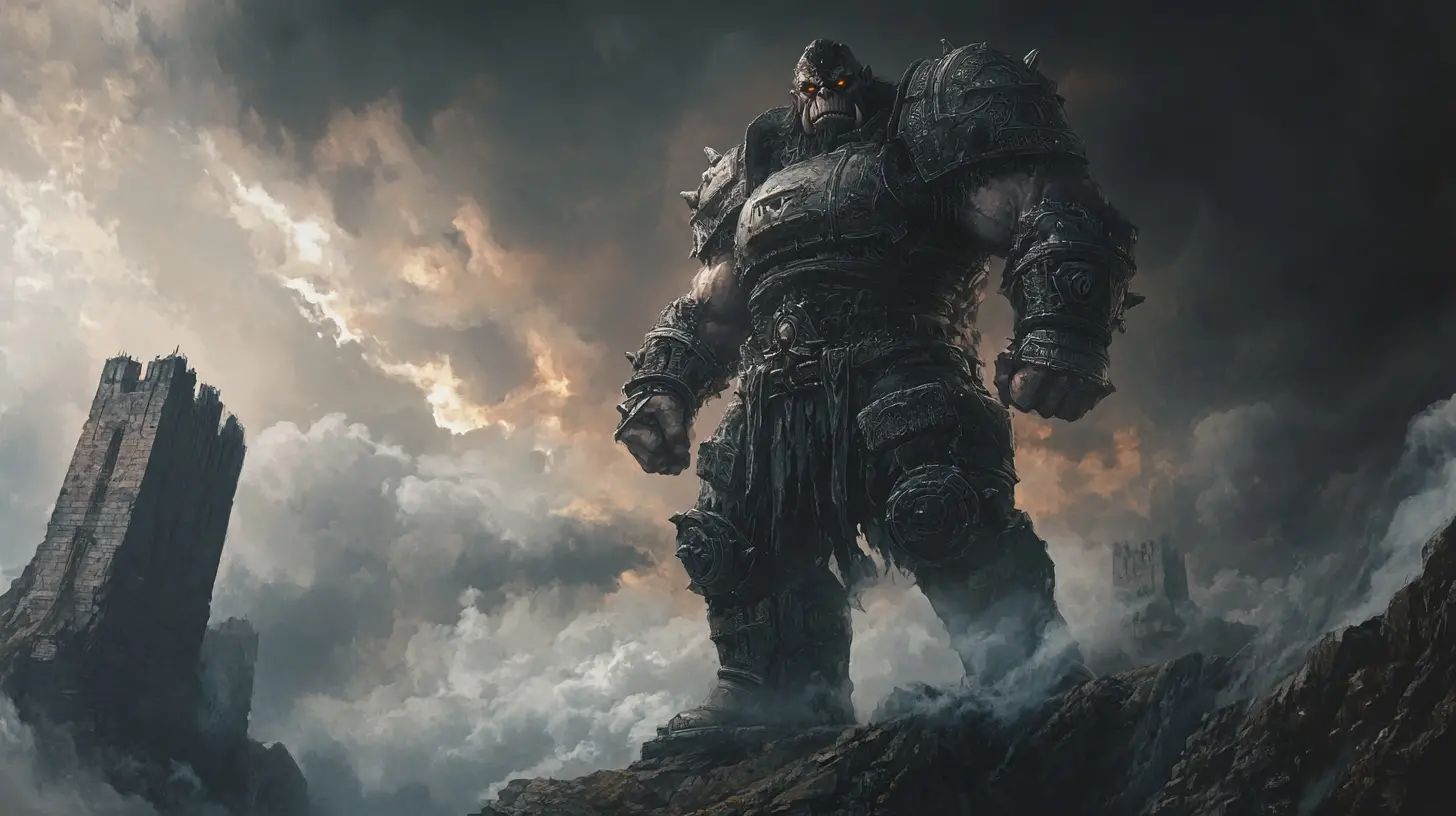 Orc general on ruined citadel above stormy battlefield