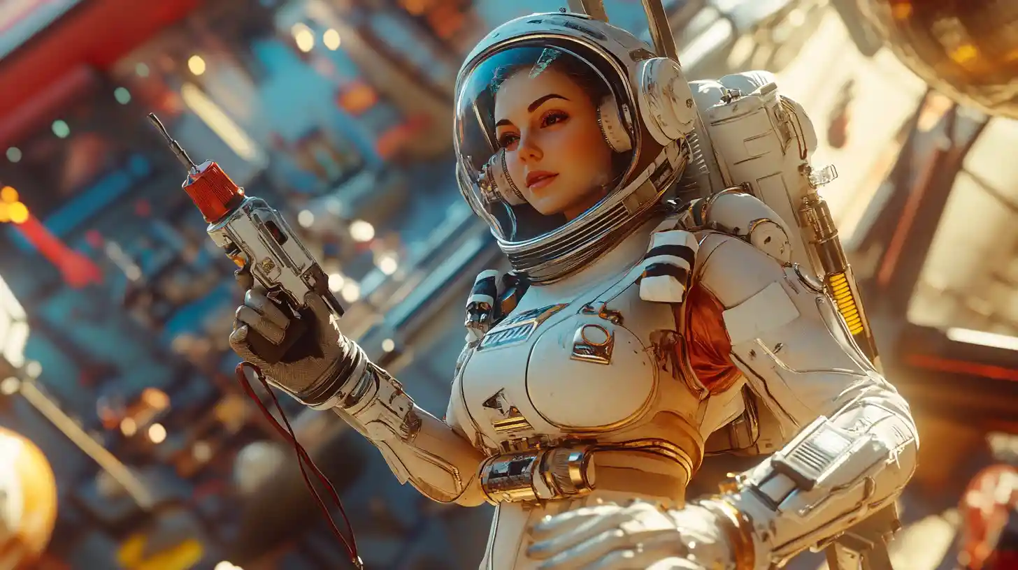 Female astronaut floating in a retro futuristic space station