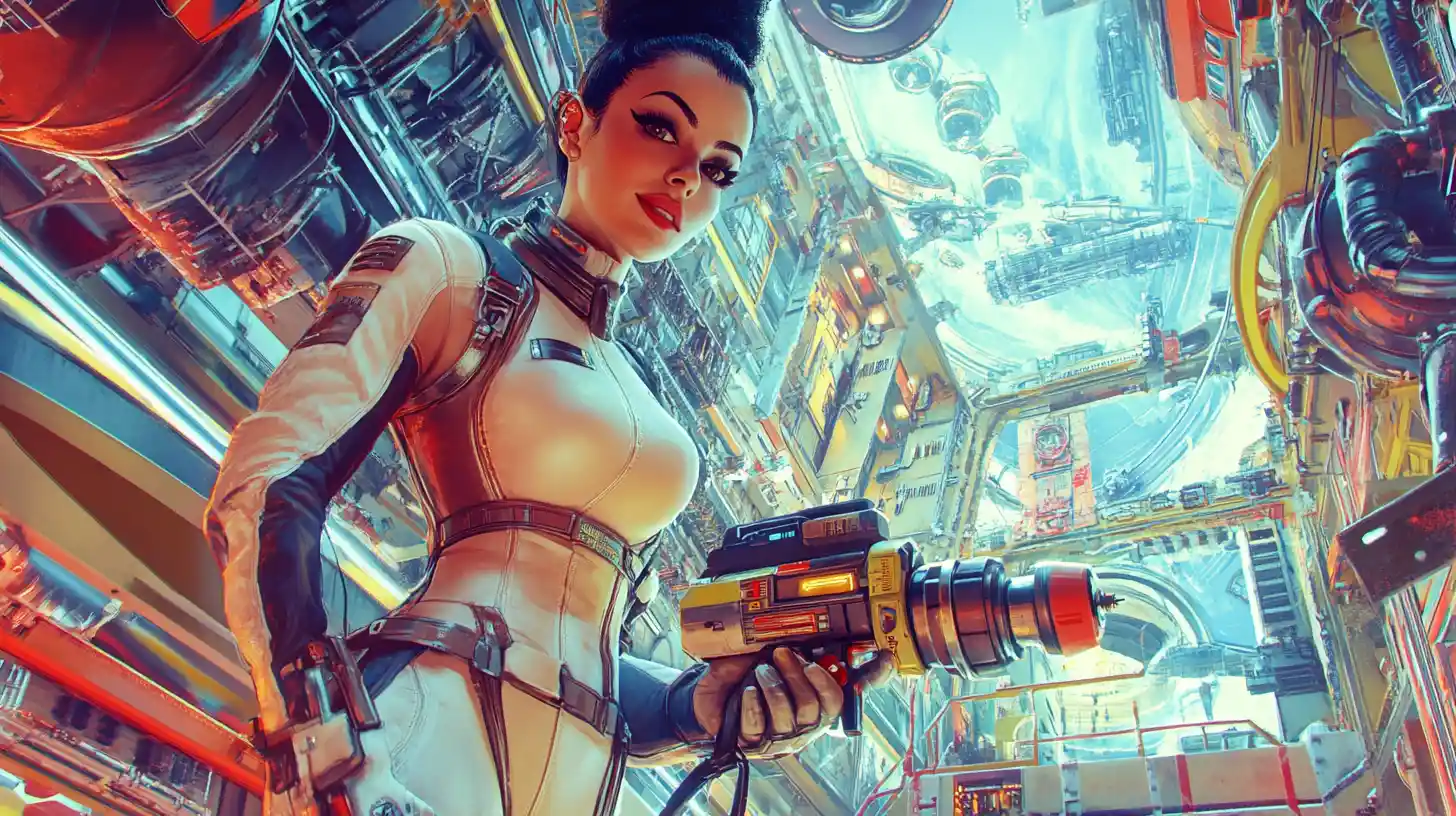 Weibliche Astronautin schwebt in einer retro-futuristischen Raumstation