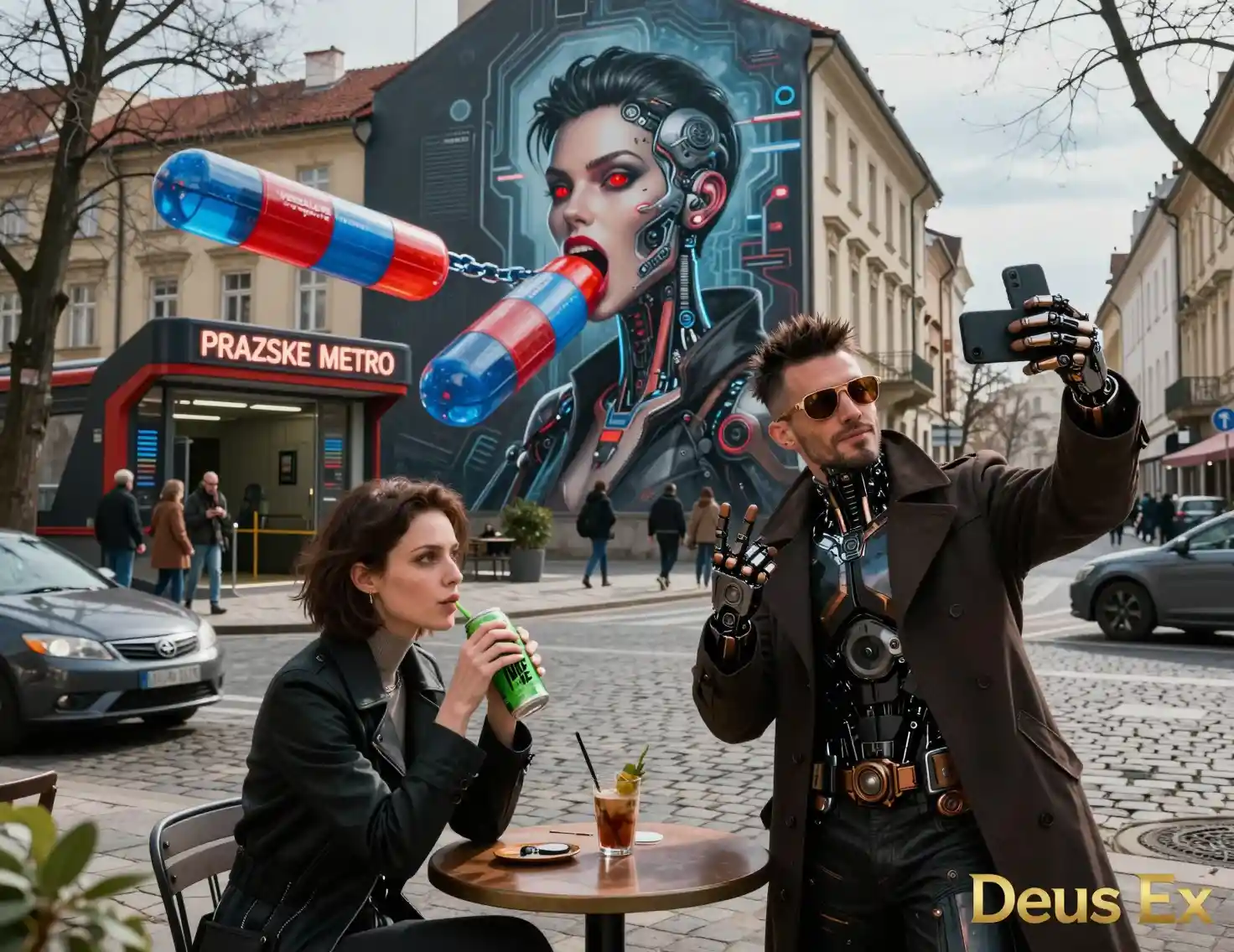 Fresque futuriste de cyborg au-dessus d’une scène de rue du métro de Prague