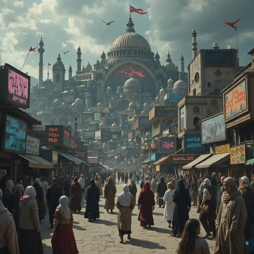 Oppressed city crowd surrounded by consumerist propaganda