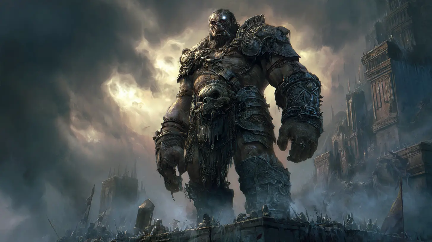 Orc warlord on ruined citadel above stormy battlefield