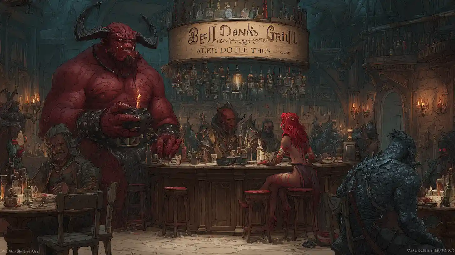 Massive Demon Bartender In A Hellish Fantasy Bar Scene