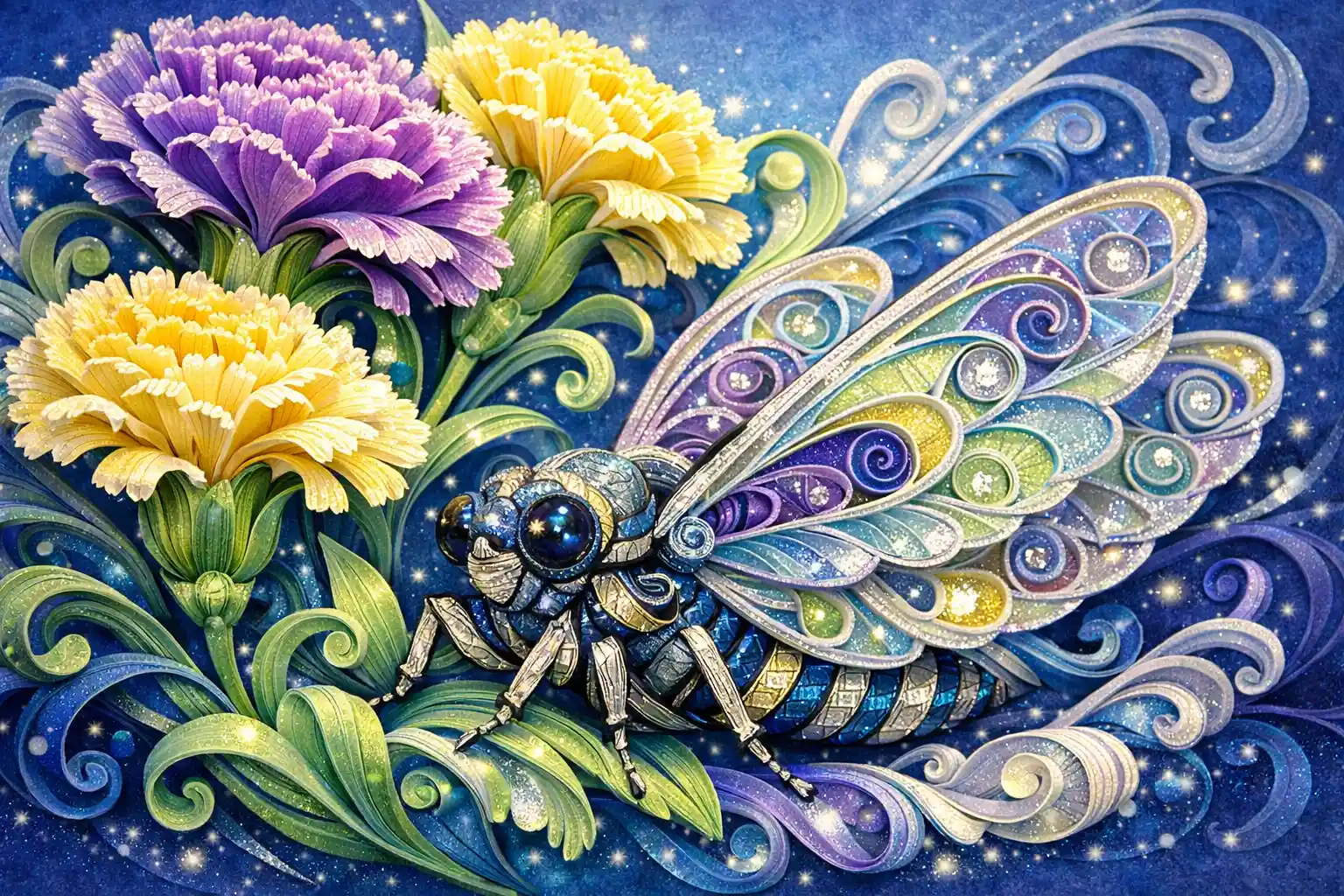 Whimsical Paper Quilling Cicada Beside Blooming Carnations