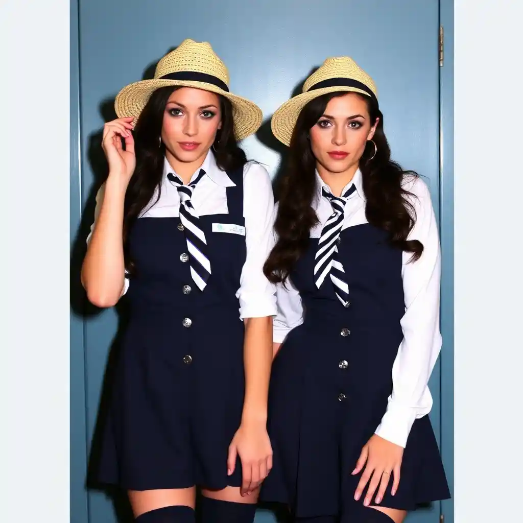 School girls in navy pinafore uniforms with straw boater hats