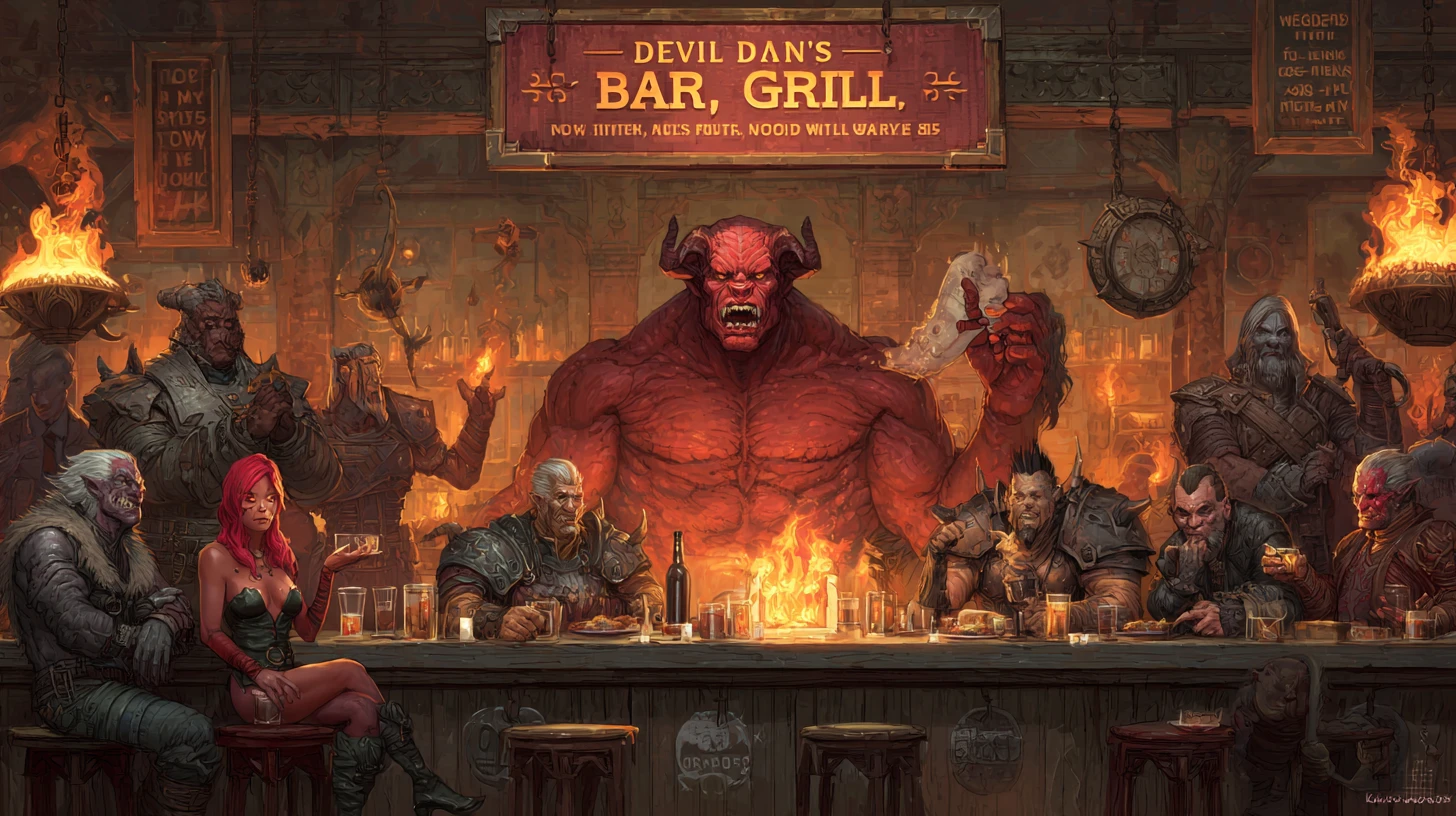 Fantasy demon bartender in a hellish bar and grill scene