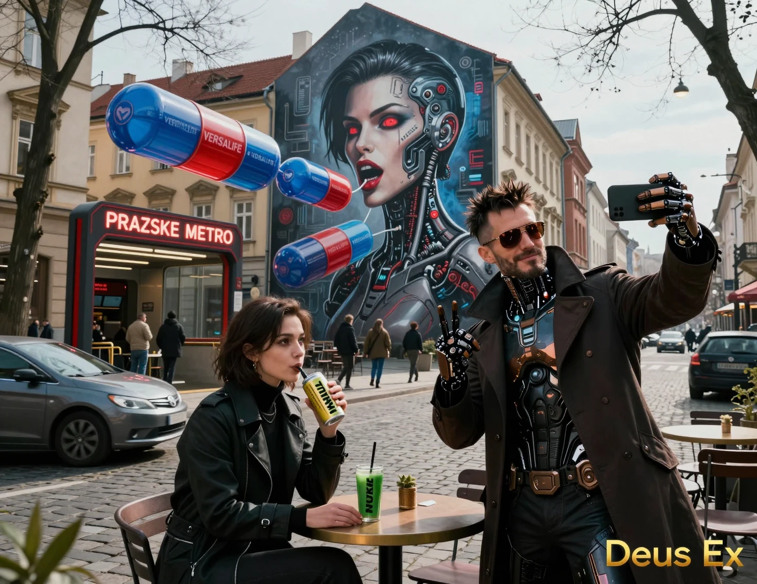 Futuristic Prague street with giant cyborg mural and capsules