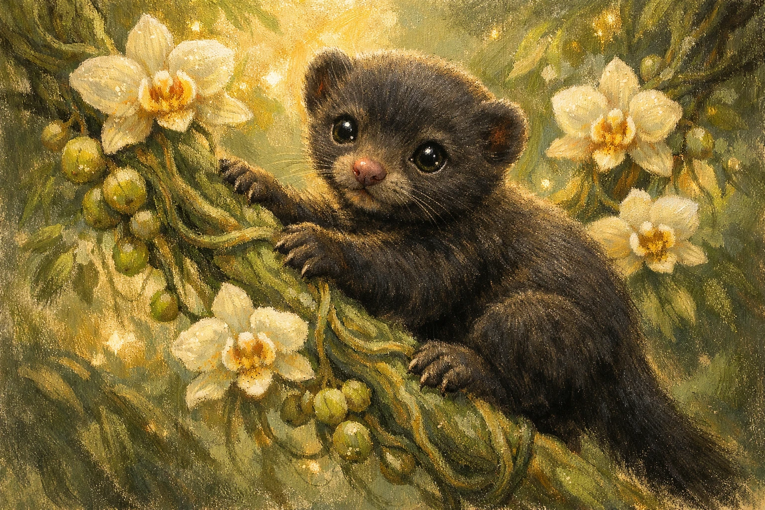 Baby-Tayra klettert an Dschungelranke in Pastellillustration