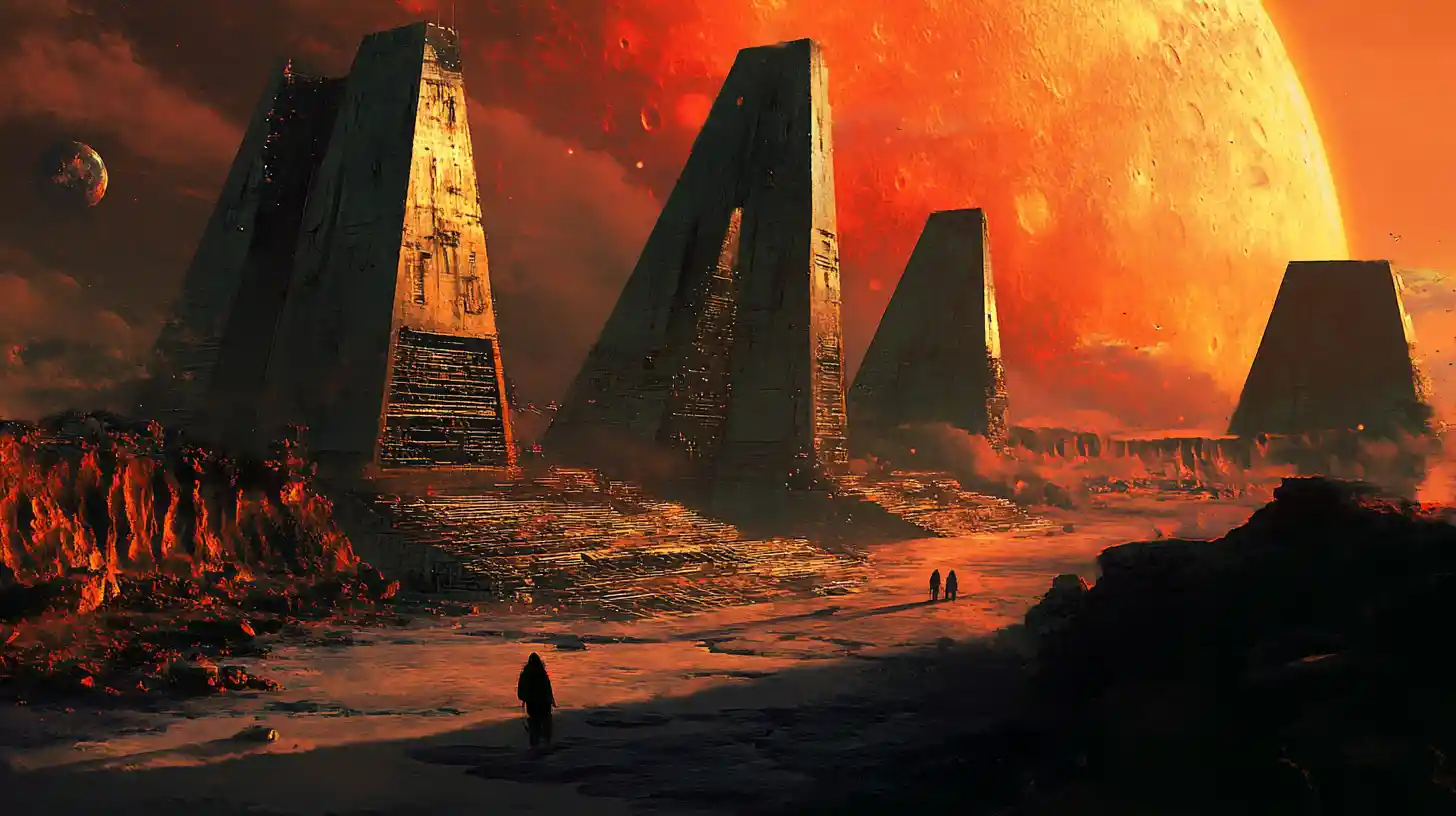 Uralte außerirdische Stadt, die aus einer verkrater­ten Mondlandschaft emporragt