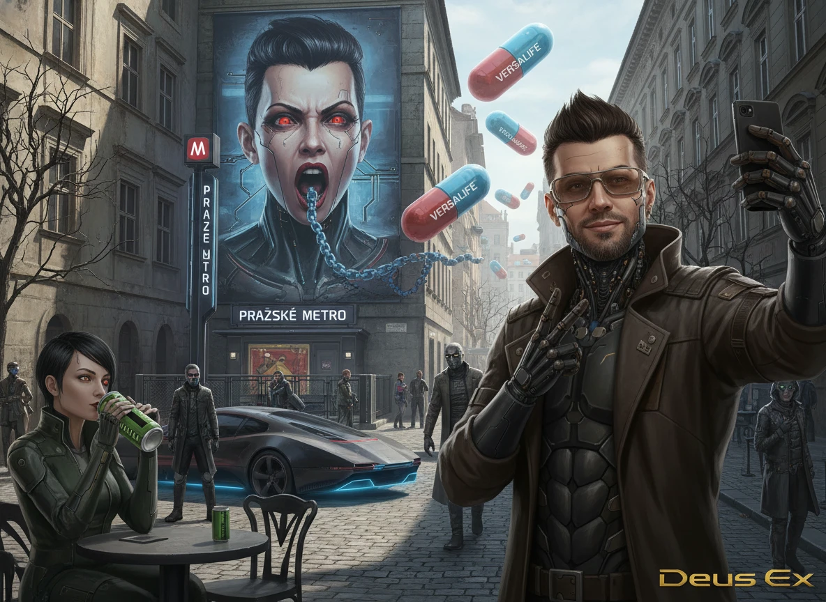 Futuristische Prager Straße mit riesigem Cyborg-Wandbild und Kapseln