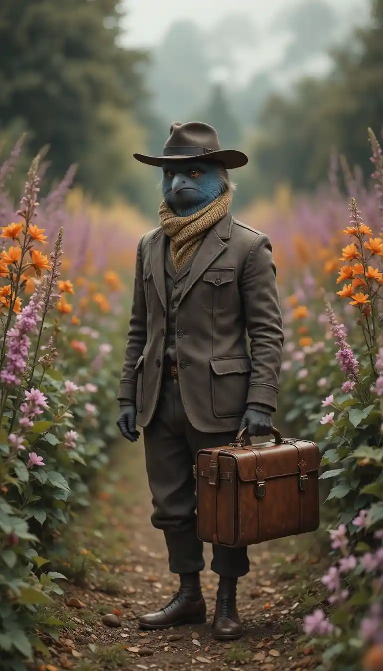 Bird with suitcase tie and hat in flower fields
