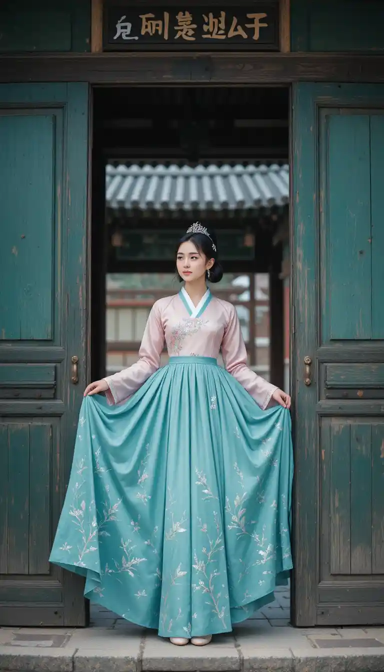 Junge Koreanerin im pink‑türkisen Hanbok in einer Türöffnung