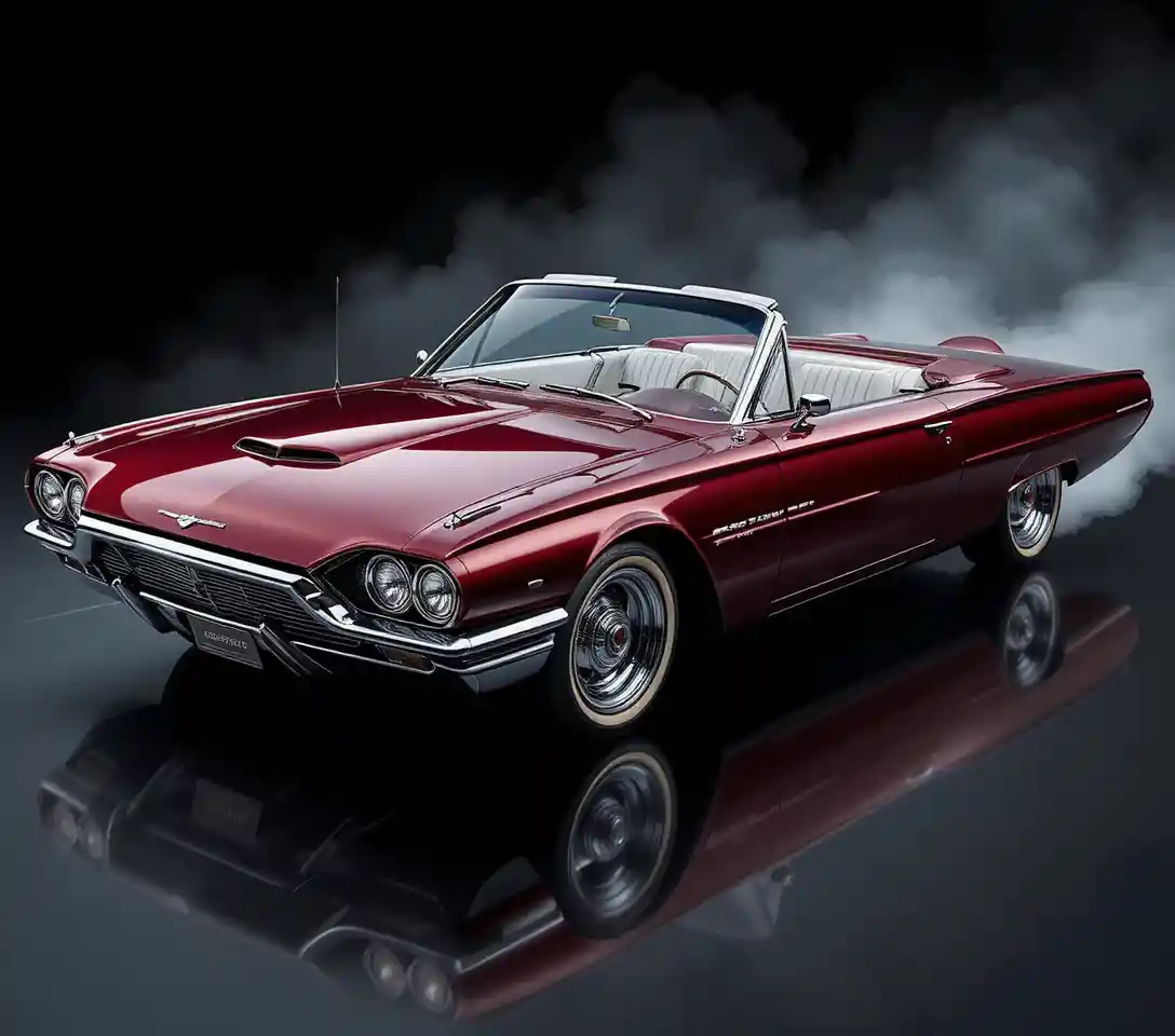 Futuristic burgundy convertible car with chrome wheels on black