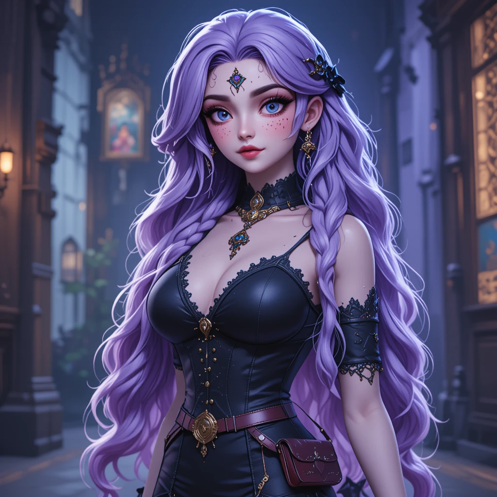 Gothic plus size teen girl with long braided lavender hair