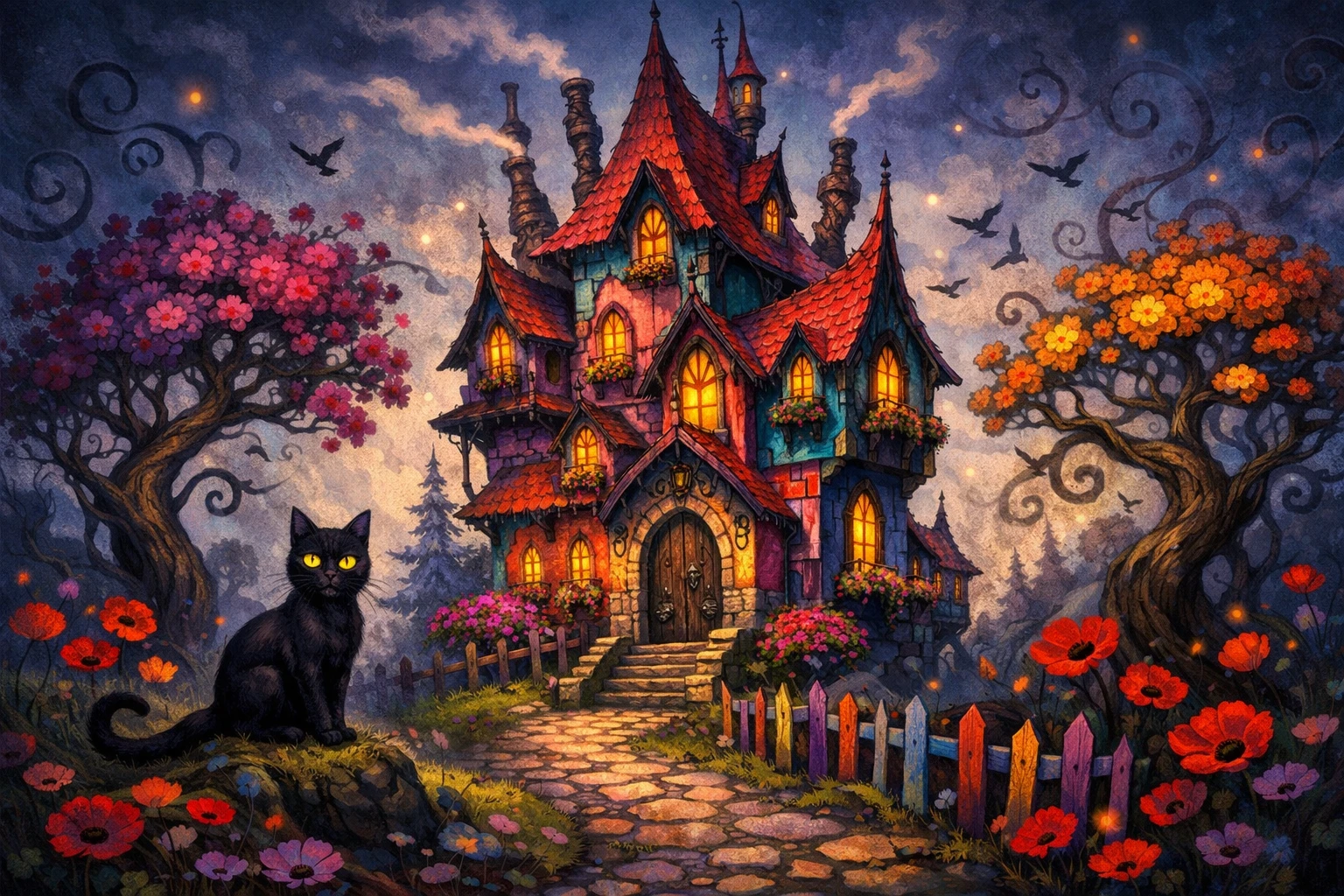 Whimsical gothic fantasy house with red roof and trees
