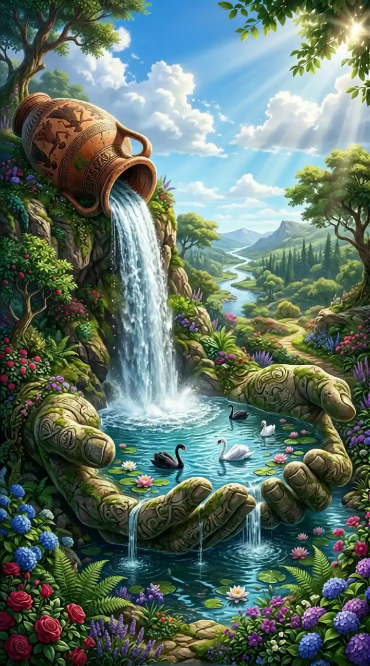 Fantasy waterfall flowing from ancient amphora into stone hands