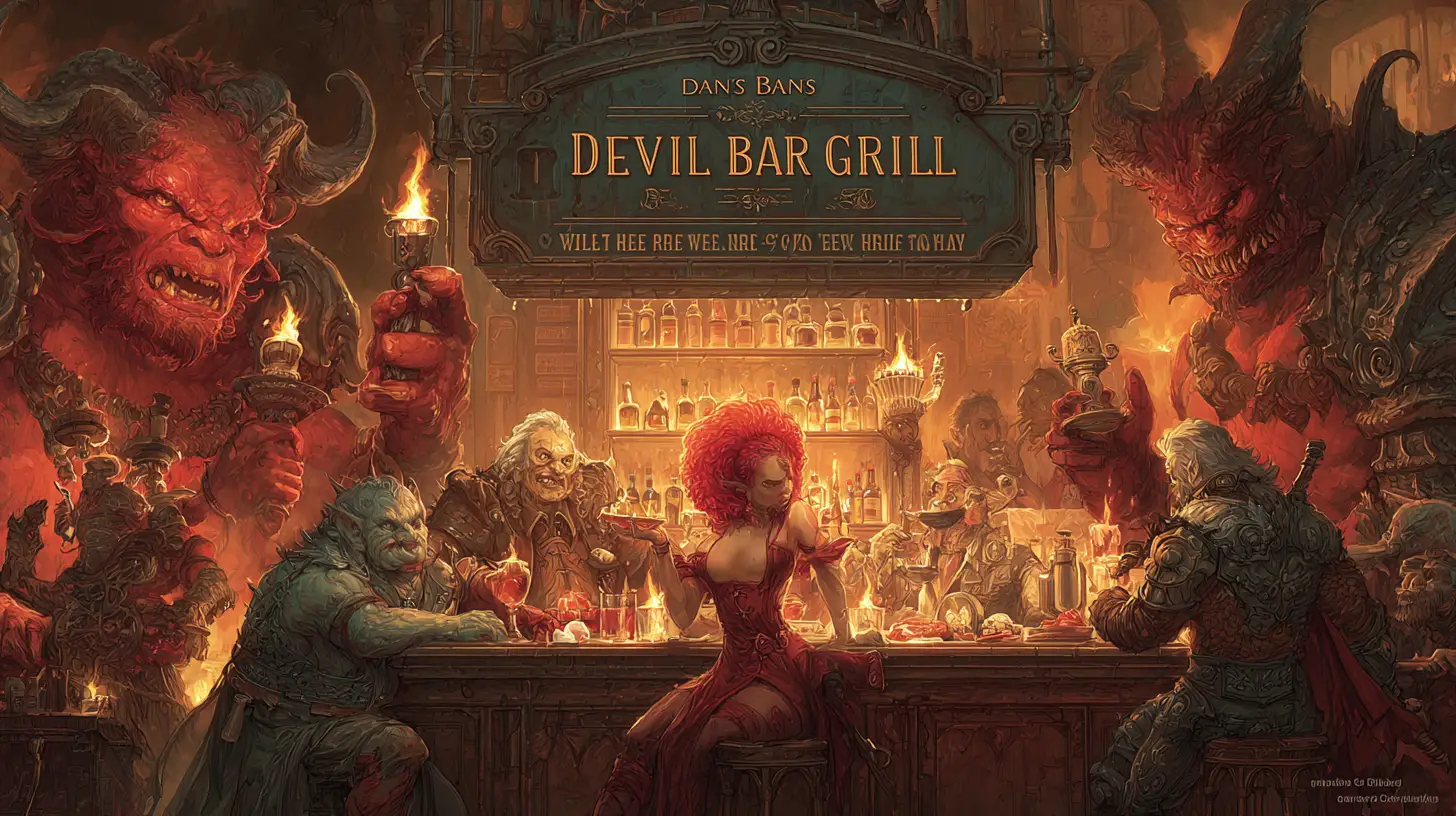 Dämonen-Barkeeper in einer feurigen Höllenbar mit Grill