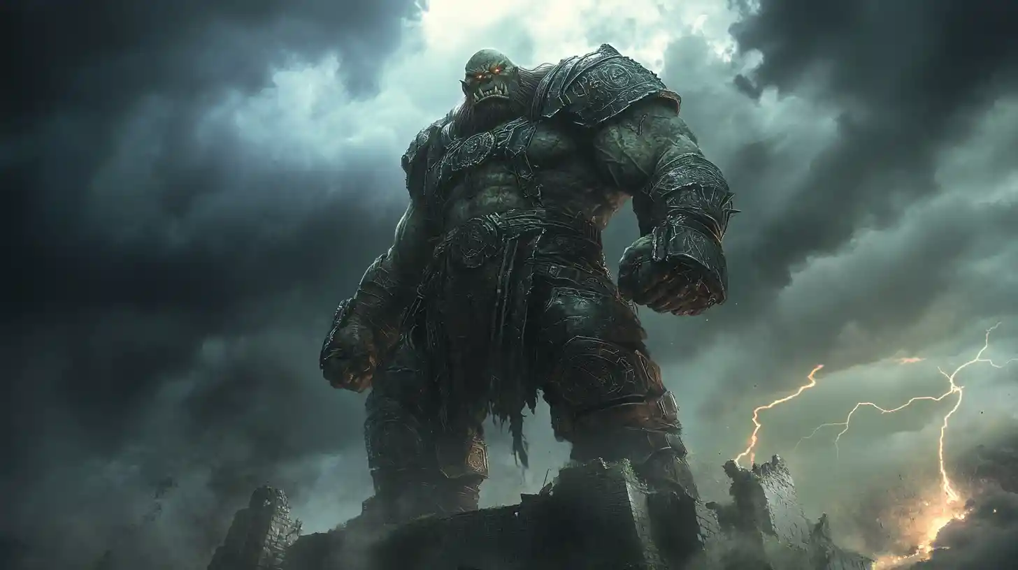 Orc general on ruined citadel above stormy battlefield