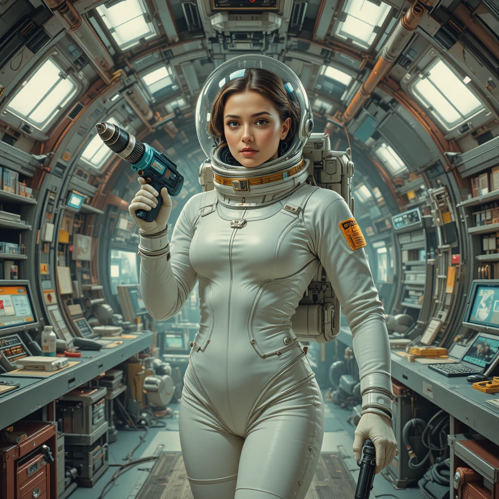 Female astronaut in retro spacesuit floating inside space station