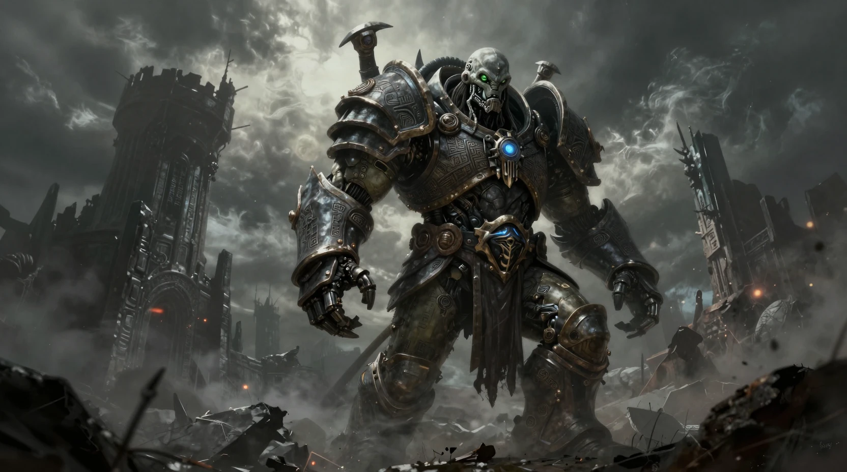 Orc general on ruined citadel above stormy battlefield