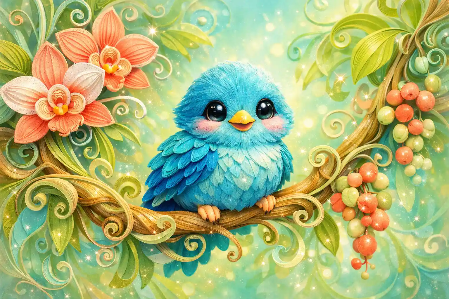 Whimsical blue baby bird in quilled jungle branch scene