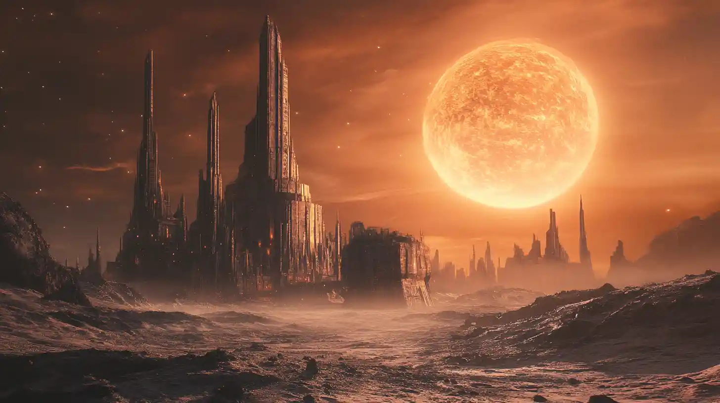 Uralte außerirdische Stadt über einem trostlosen, verkrater­ten Mond