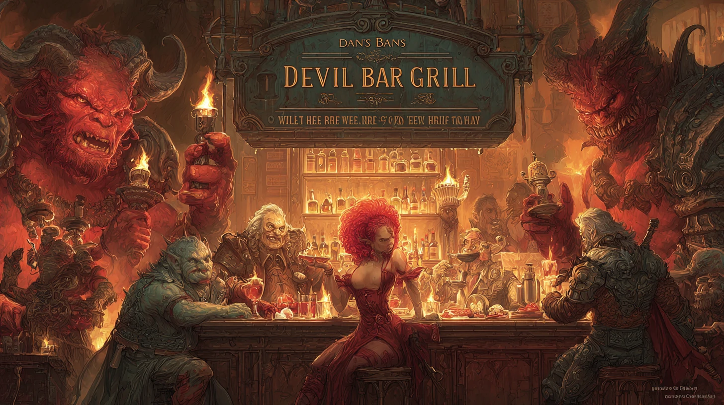 Demon bartender in a fiery hell bar and grill scene
