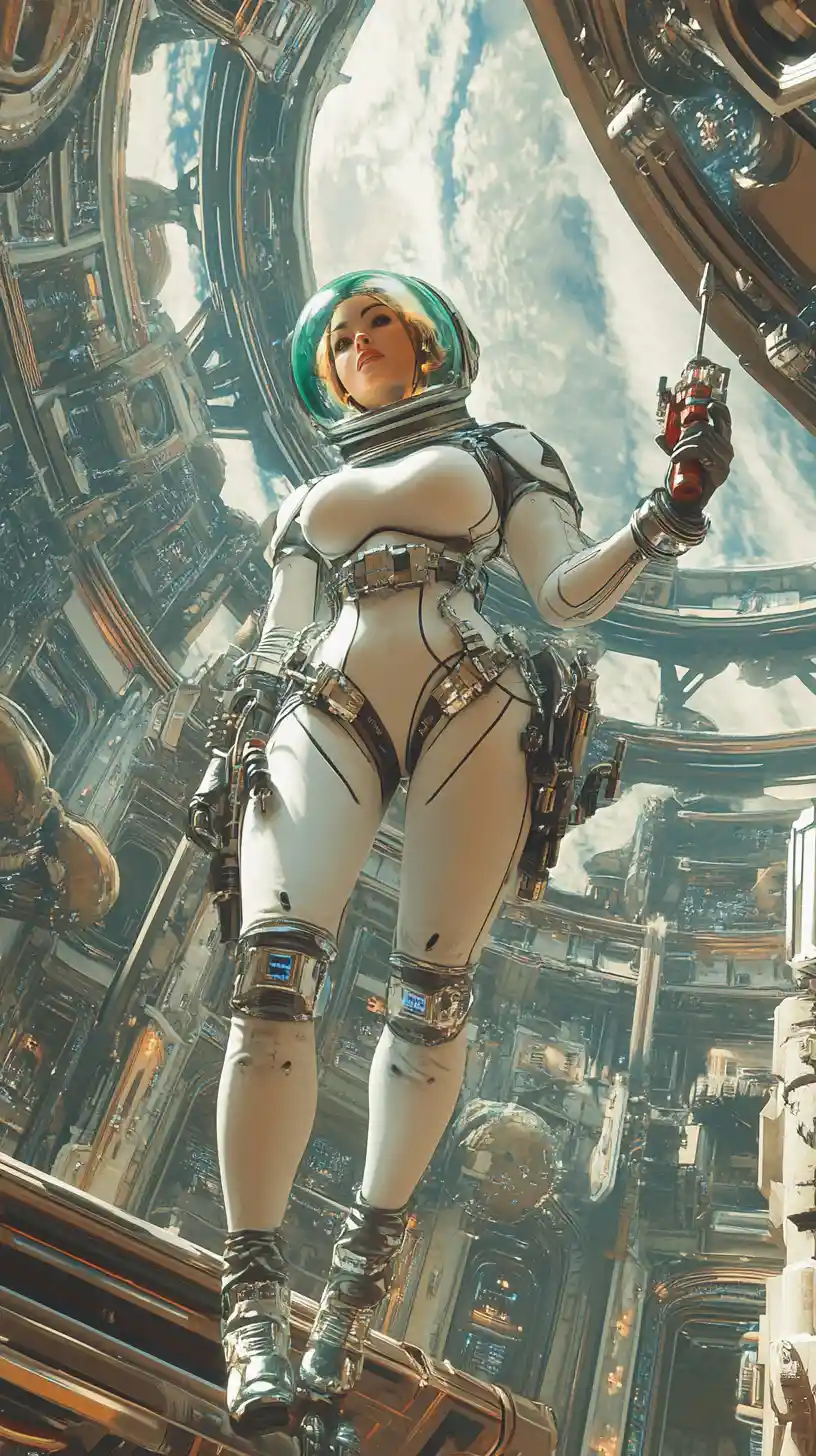 Female astronaut floating in a busy retro futurist space station