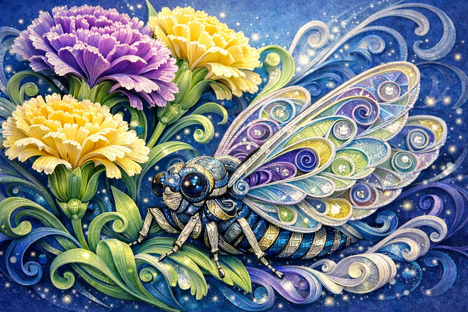 Cicala Fantasiosa in Quilling di Carta accanto a Garofani in Fiore