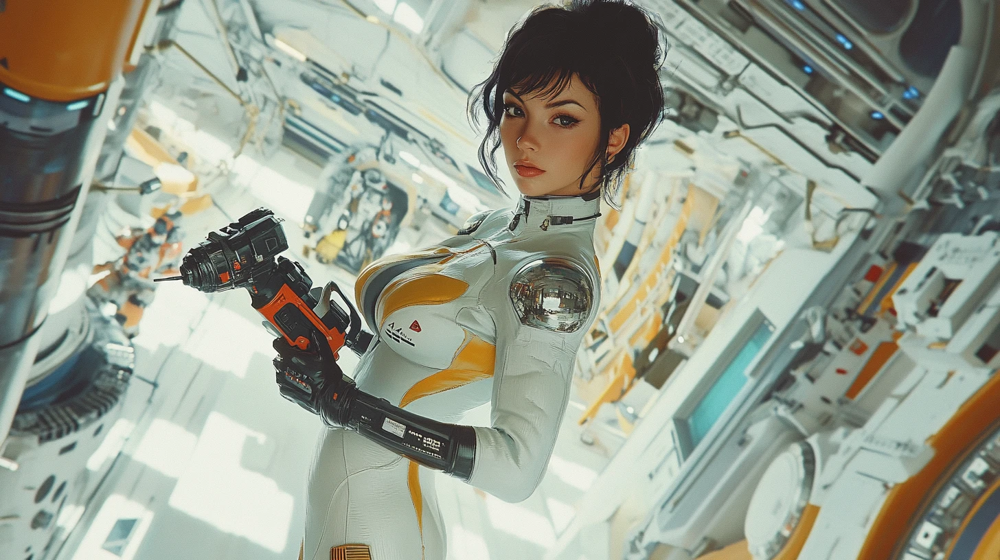 Female astronaut floating in a retro space station
