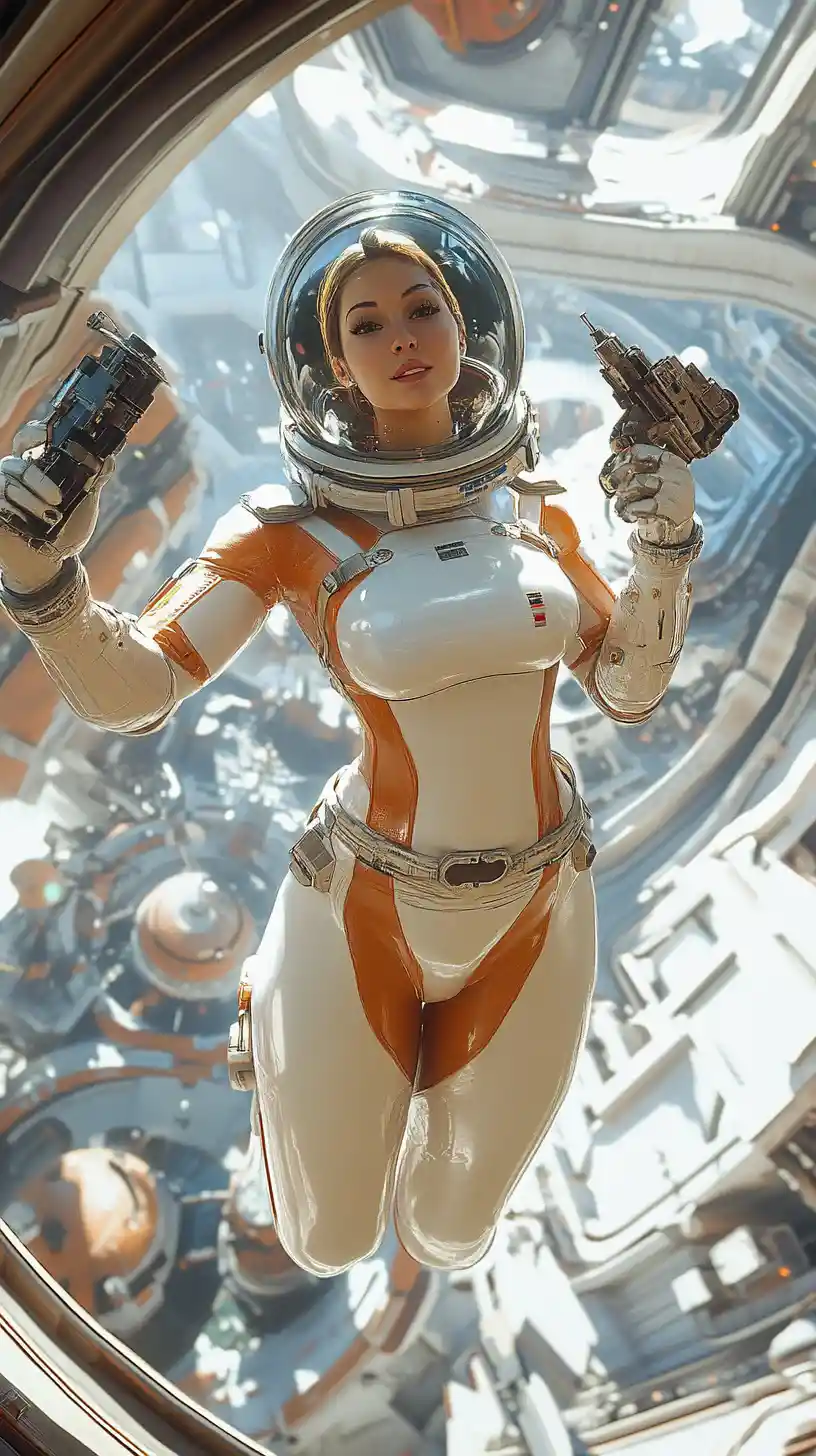 Astronauta donna che fluttua in una stazione spaziale retro-futuristica
