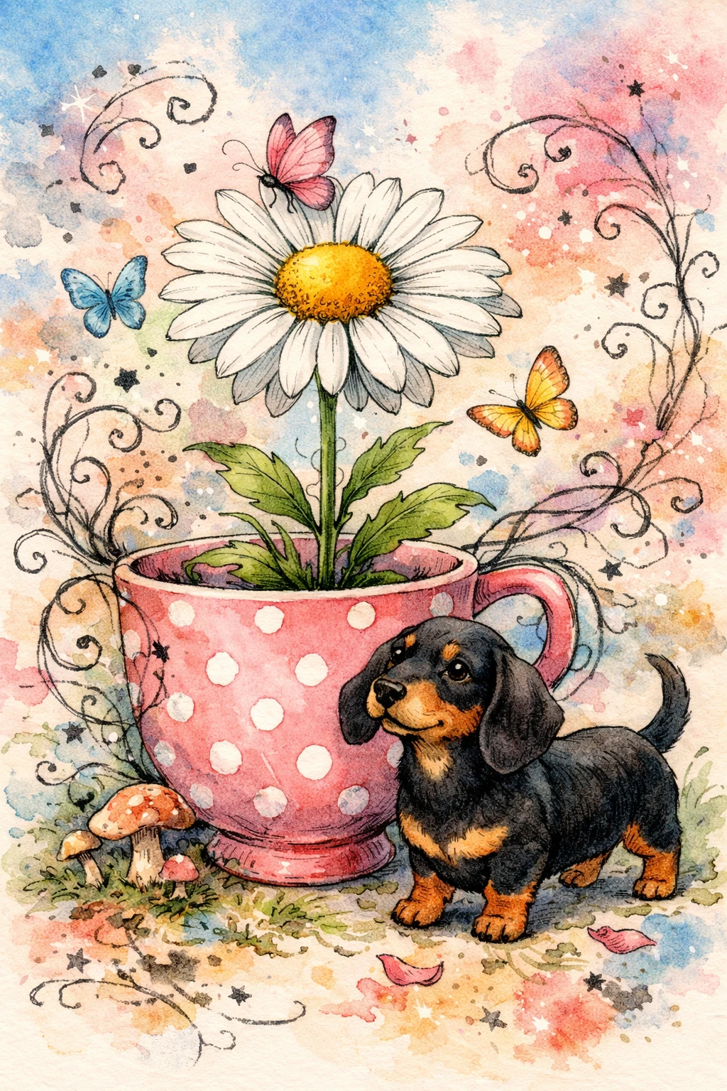 Whimsical dachshund with daisy in a pastel teacup