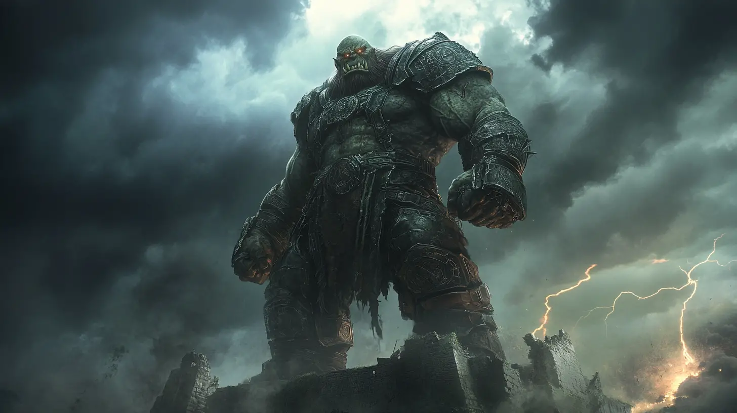 Orc general on ruined citadel above stormy battlefield