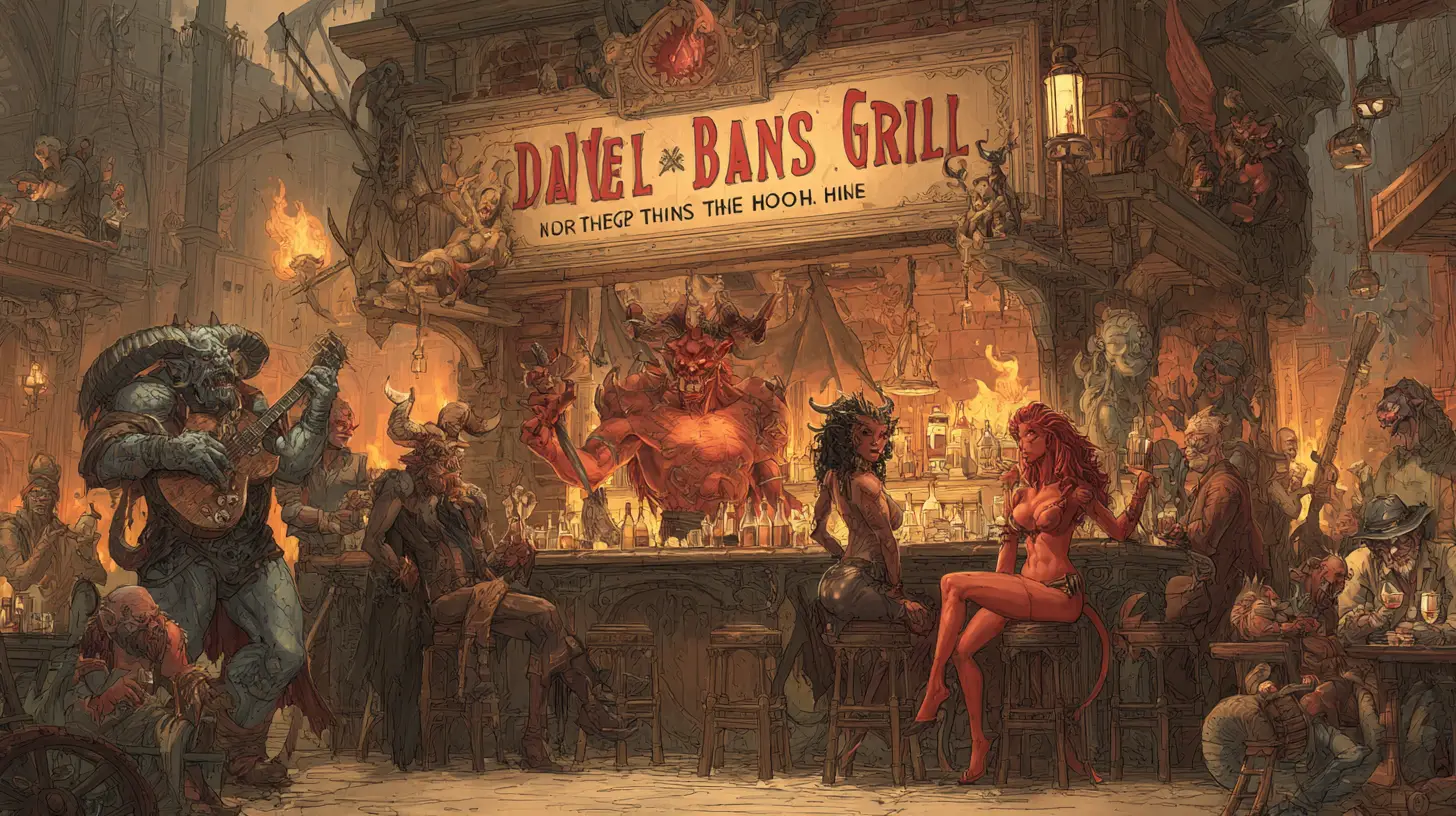 Dämonen-Barkeeper serviert Drinks in einer feurigen Höllenbar