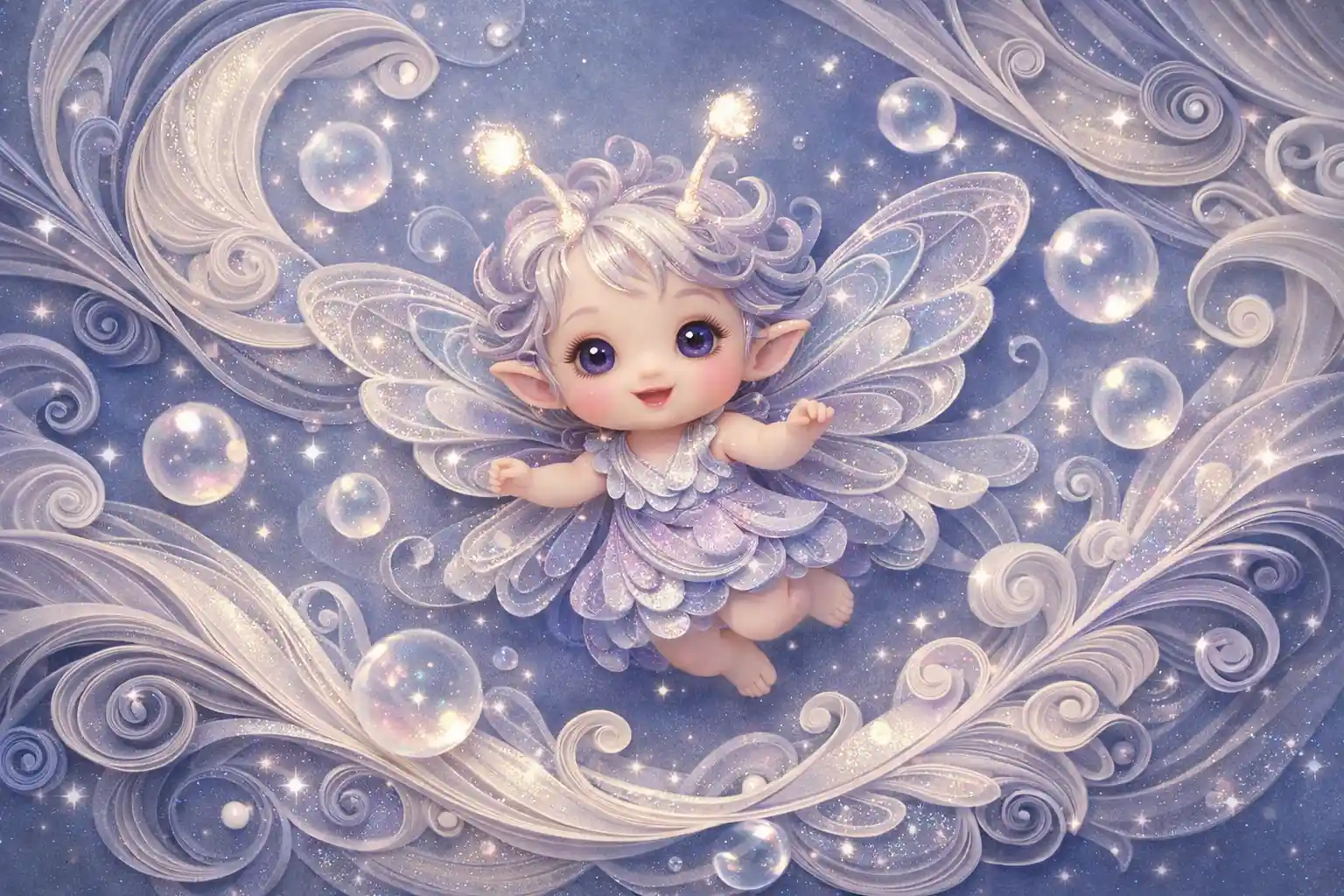 Whimsical paper quilling fairy floating among glowing dream bubbles
