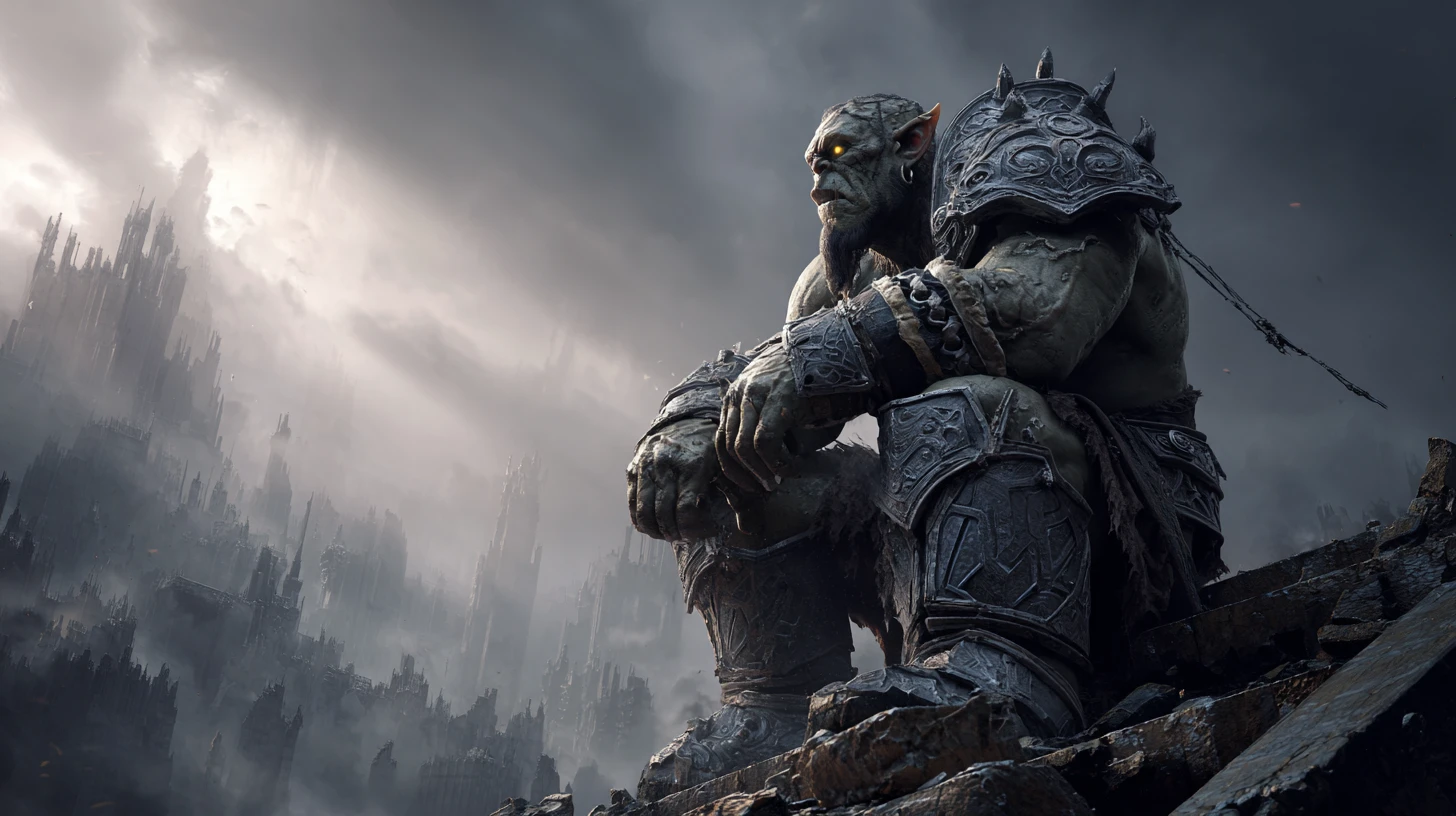 Orc warlord overlooking a storm swept fantasy battlefield