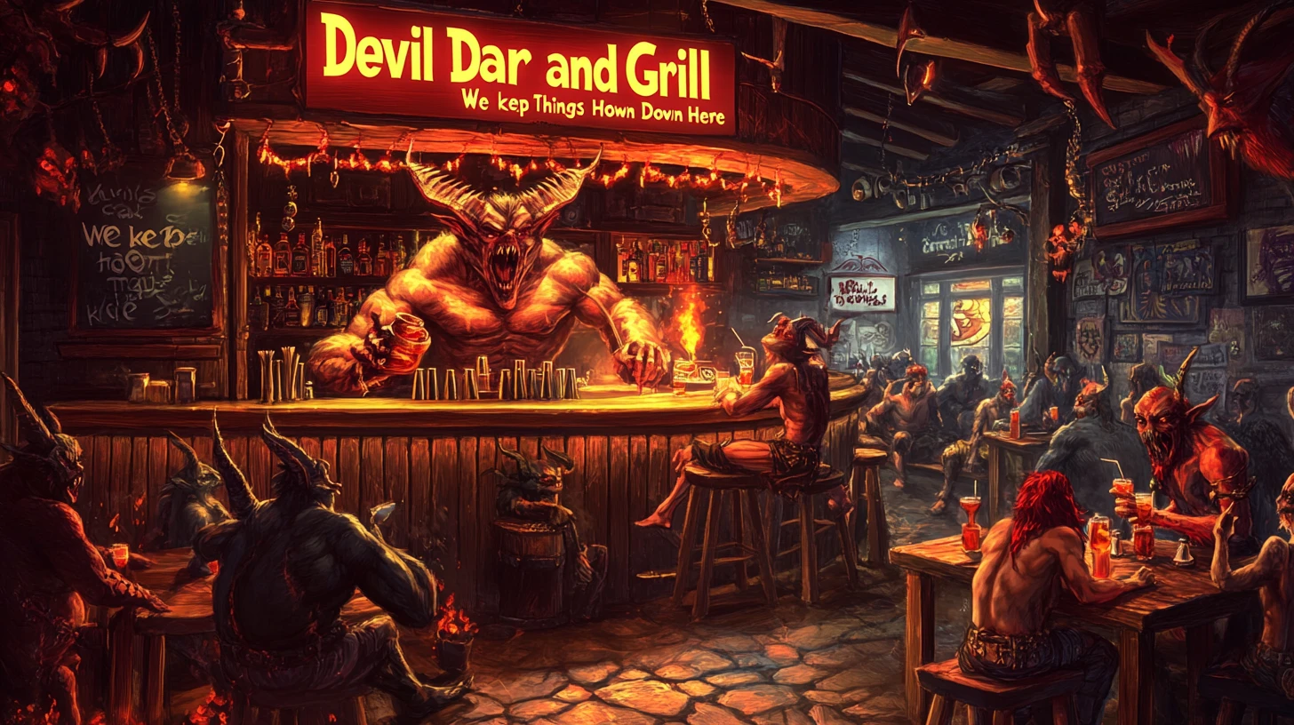 Dämonen-Barkeeper in einer höllischen Bar-und-Grill-Szene