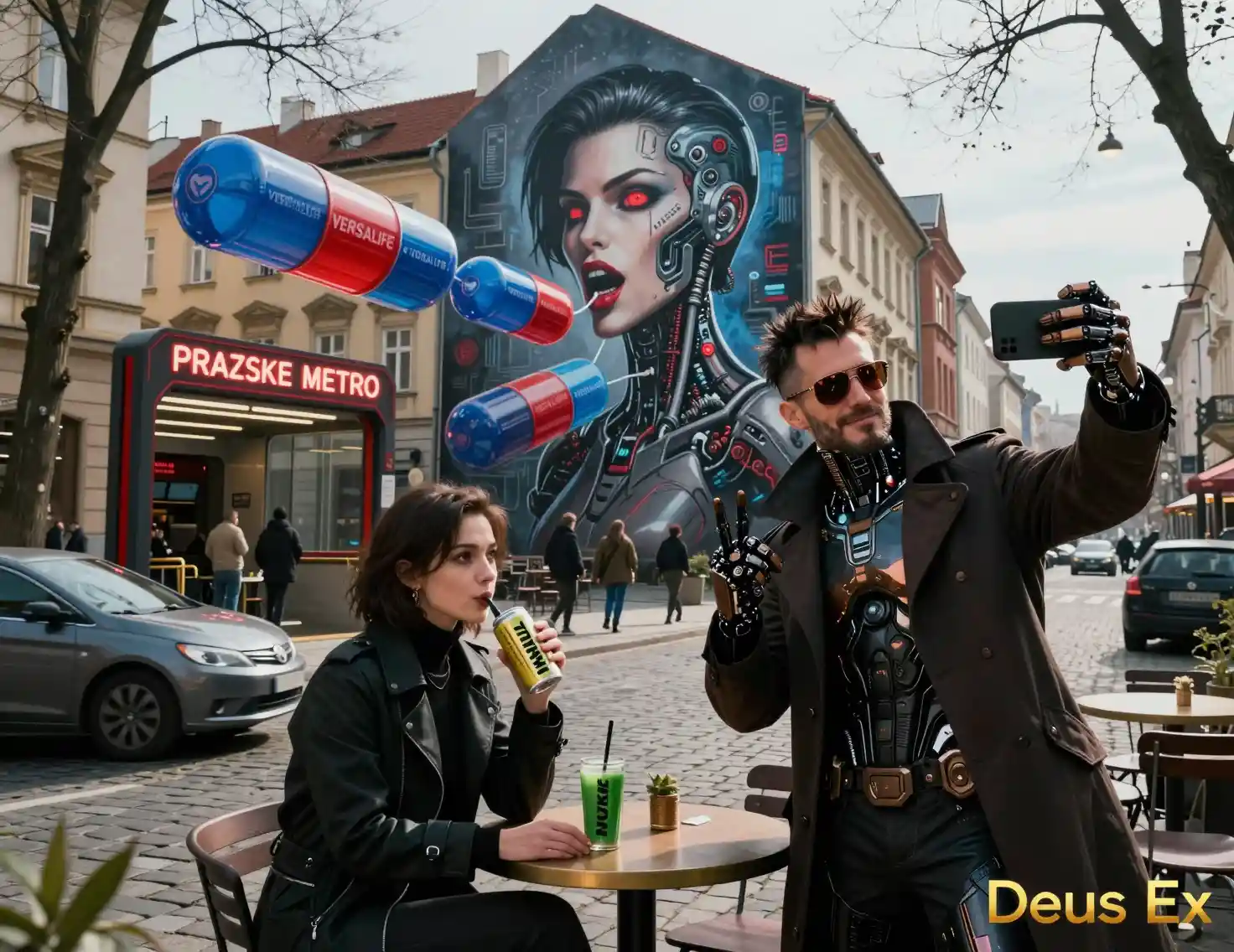 Futuristic Prague street with giant cyborg mural and capsules