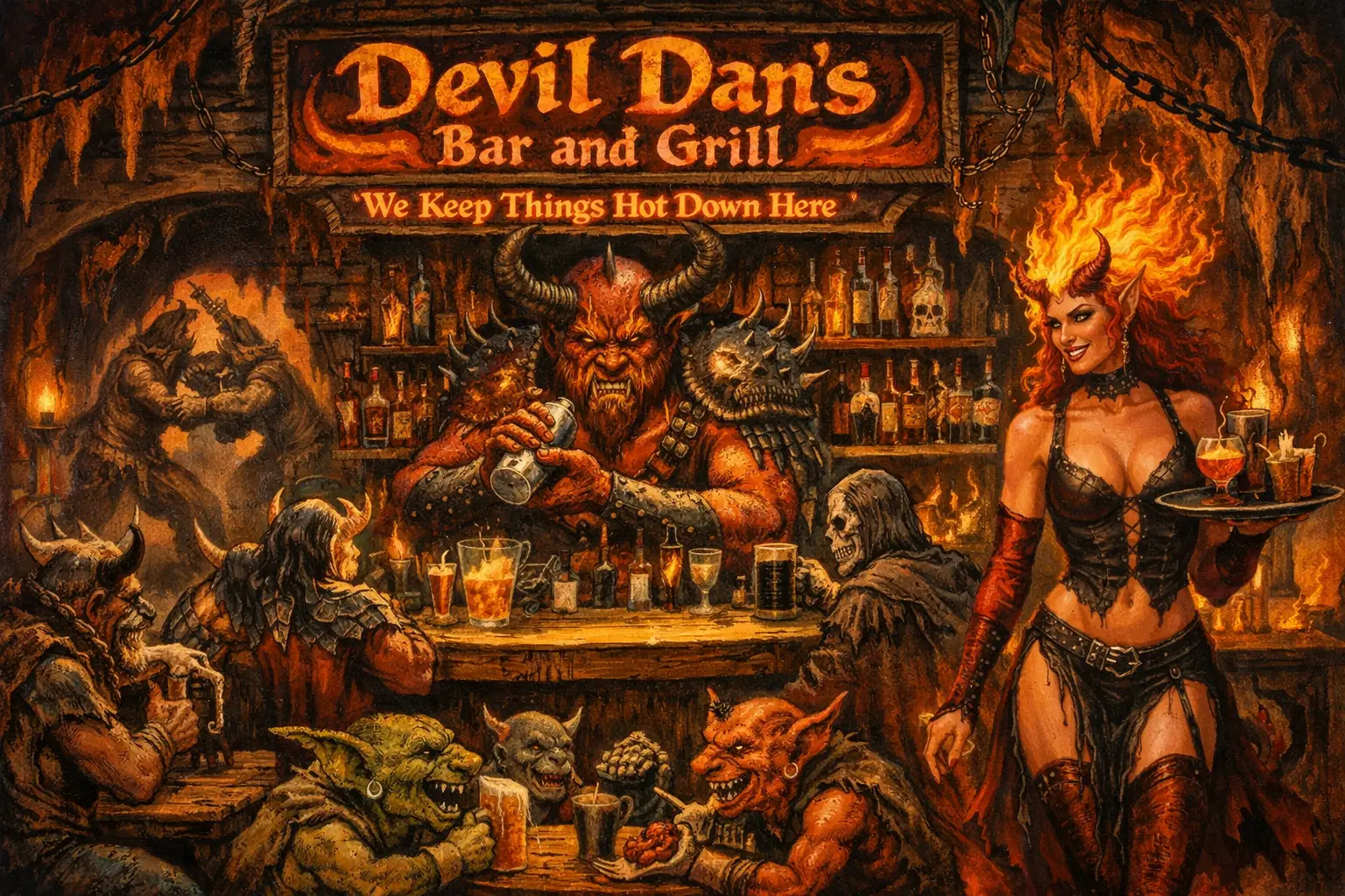Dämonen-Barkeeper in einer feurigen Höllen-Bar und Grill-Szene