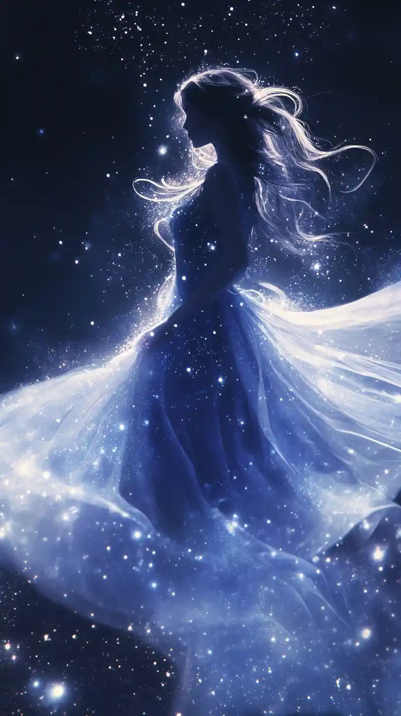 Ethereal starlit woman levitating in a cosmic void